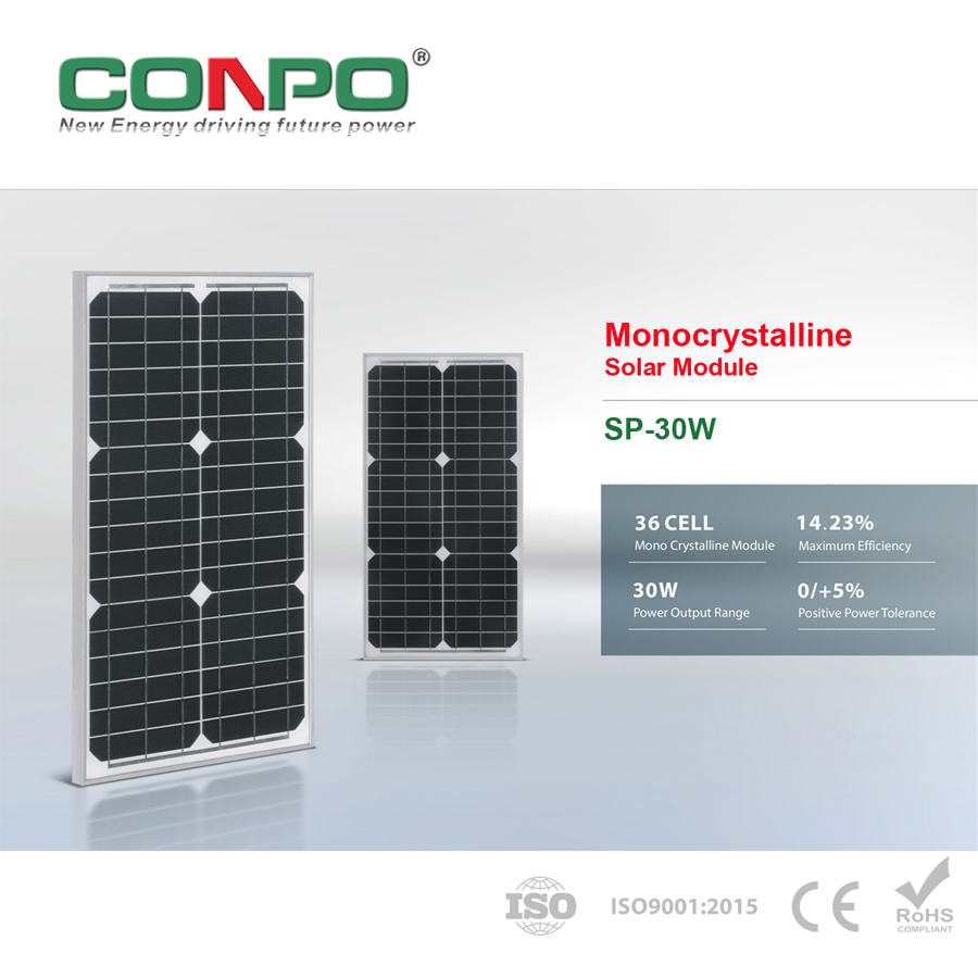 30W, 18V, Monocrystalline Solar Panel, PV Module